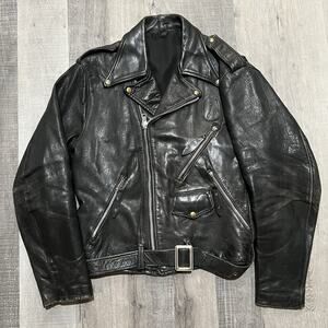 VTG Double Riders Heavy Black Leather 60s/70s Motorcycle Belted Biker Greaser